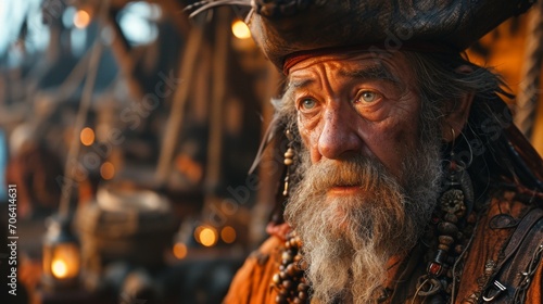 Portrait of an elderly man in a pirate costume with rich jewelry and a wide-brimmed hat, against the background of the side of the ship.