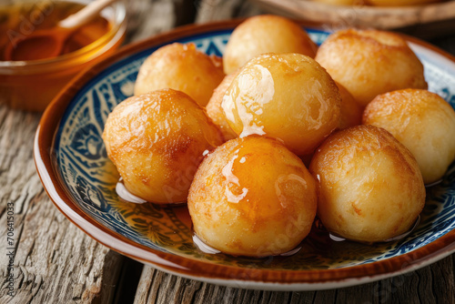 A plate of baursak, traditional Kazakh fried dough balls, served with honey