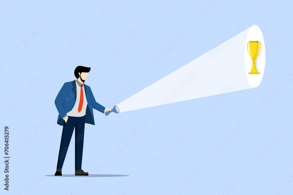 Obraz premium Concept of help and guidance to discover potential and achieve achievements, businessman using flashlight to search for trophies of success. employees find career success. flat vector illustration.