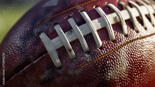 A close up view of a football on a field. This image can be used for sports-related designs and illustrations © Fotograf
