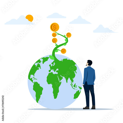 concept of global investment opportunities, world stock mutual funds, Businessman looking at the world to achieve harvest. international or world company profit growth. flat vector illustration.