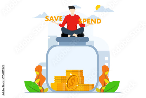 men hesitate to sit on the choice of savings balance, save or spend. Money decisions, saving or spending, choosing to invest or pay off debt, financial choices when receiving a bonus or extra money.
