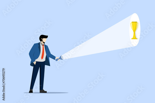 Concept of help and guidance to discover potential and achieve achievements, businessman using flashlight to search for trophies of success. employees find career success. flat vector illustration.