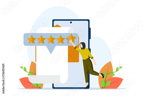concept of rating scale and customer satisfaction. Feedback and reviews. Characters provide positive responses to helpdesk services. Flat vector illustration on white background.