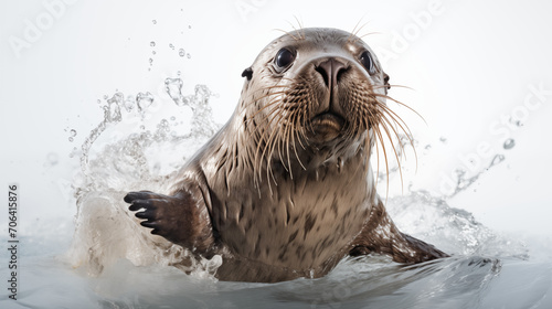 photograph seal in the water on white background
