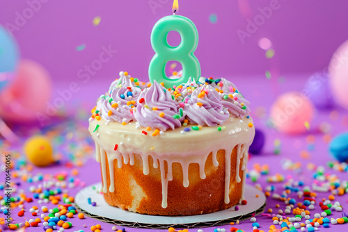 a delicious cake with number eight on top, purple background