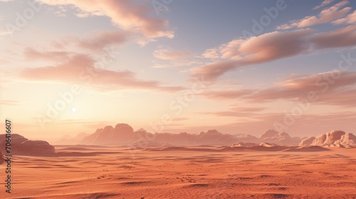 a desert at dawn with a crystal-clear  high-definition image  where the landscape is bathed in soft  early morning light.