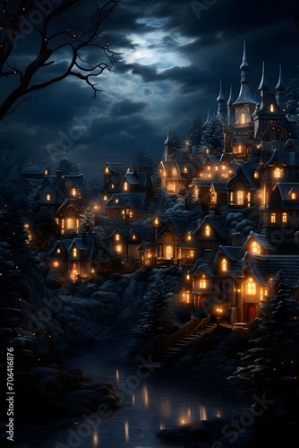 3D Illustration of a Fantasy Fairy Tale Castle in the Dark