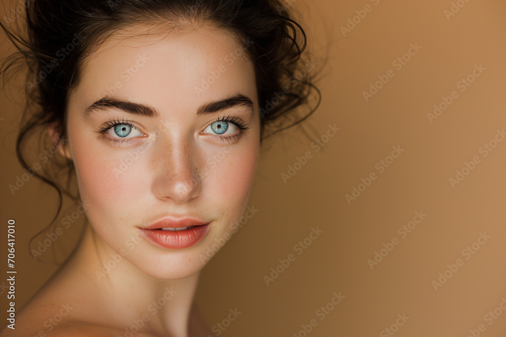 Beauty portrait of a young attractive brunette woman with natural makeup on a beige background Beauty portrait of a young attractive brunette woman with natural makeup on a beige background