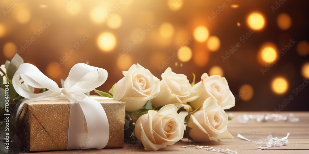 Gift box with white roses on a golden bokeh background.Holiday card, background for birthday, wedding, Valentine's day, Mother's day. Banner. Copy space for text Gift box with white roses on a golden bokeh background.Holiday card, background for birthday, wedding, Valentine's day, Mother's day. Banner. Copy space for text