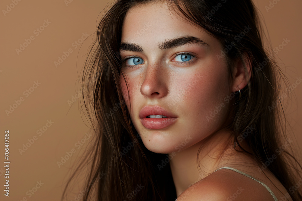 Beauty portrait of a young attractive brunette woman with natural makeup on a beige background Beauty portrait of a young attractive brunette woman with natural makeup on a beige background