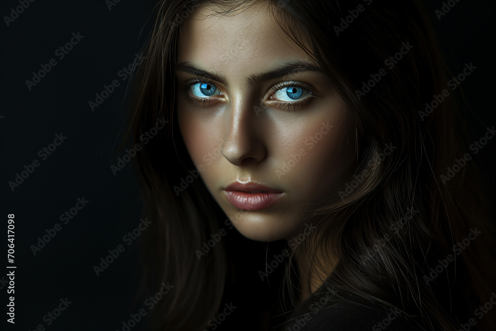 Portrait of young beautiful woman with blue eyes on dark background. Portrait of young beautiful woman with blue eyes on dark background.