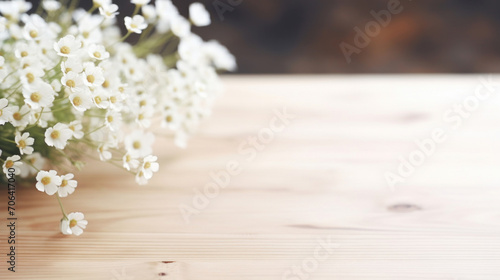 A bouquet of white baby's breath flowers lays on a rustic wooden surface, giving a natural and delicate touch.