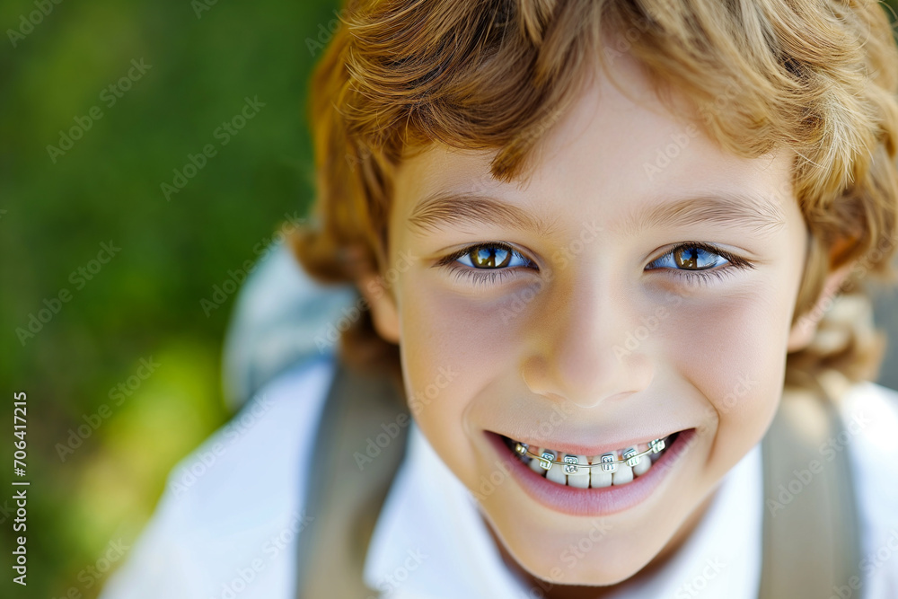 Portrait of a smiling little boy with braces on his teeth in the park Portrait of a smiling little boy with braces on his teeth in the park