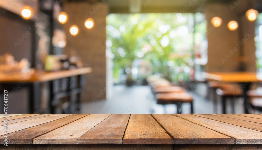 Blurred Brews: Empty Wooden Table Perfect for Product Presentation in a Coffee Shop Blurred Brews: Empty Wooden Table Perfect for Product Presentation in a Coffee Shop