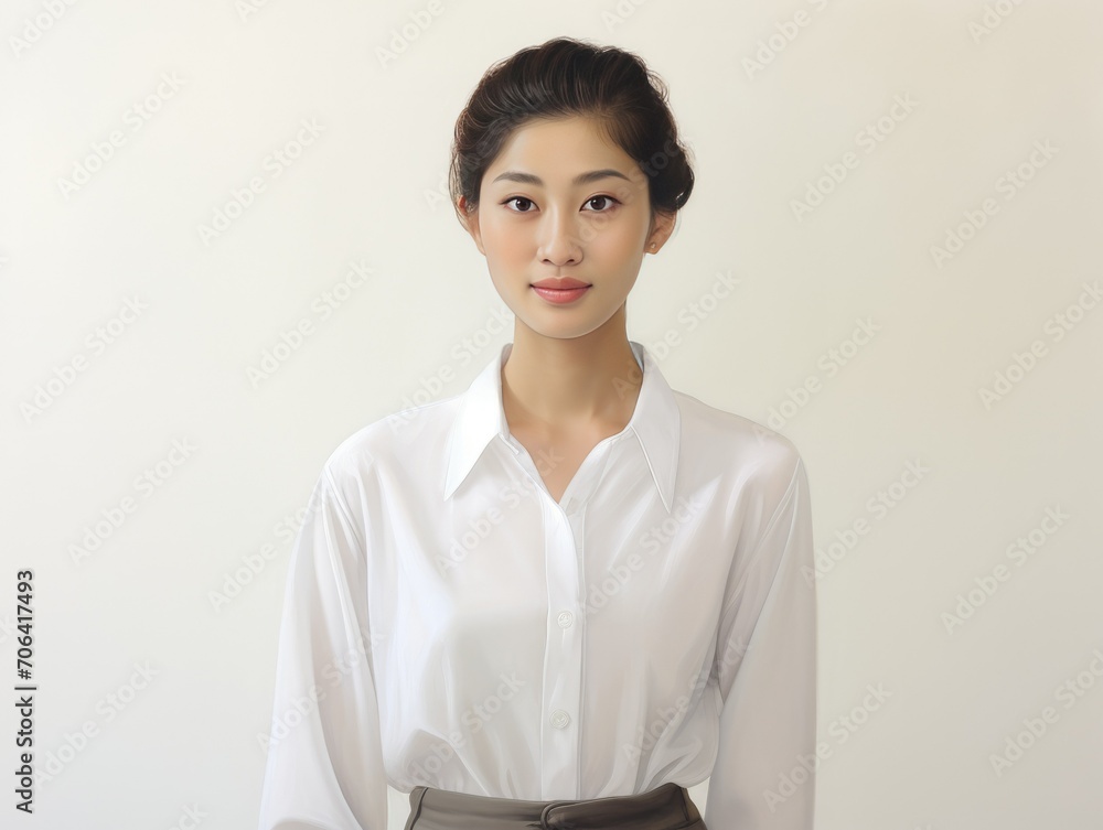 Confident Asian woman in elegant attire against a white backdrop
