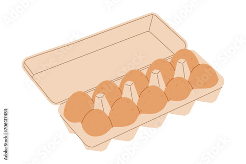 Cartoon opened egg tray. Chicken eggs in carton box. Flat vector illustration isolated on white background