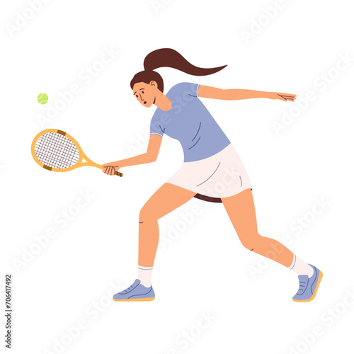 Tennis player woman with racket hits the ball. Flat vector illustration isolated on white background