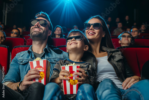 cheerful family watching a movie in a 3d cinema with popcorn