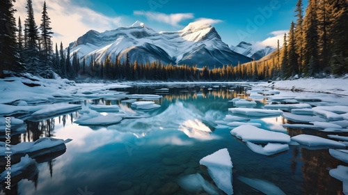 Panoramic view of frozen lake in the Canadian Rockies, Banff National Park, Alberta, Canada