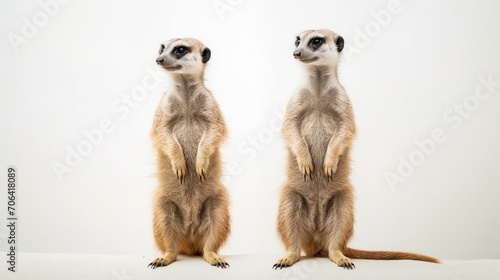 a pair of inquisitive meerkats, standing upright and curiously observing their surroundings, captured against a clean white canvas.