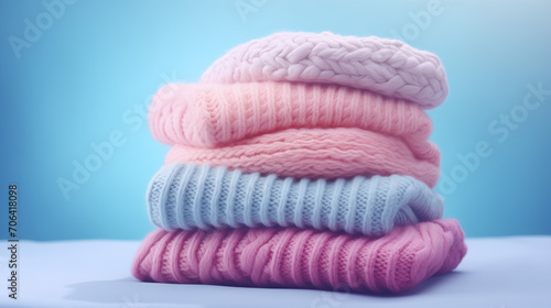 stack of pink wool socks, A stack of women's knitted light pastel things close - up on a light background, Ai generated image 