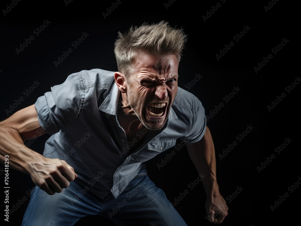 Furious man with intense anger, sharp focus, and moody atmosphere. Dark background, dim lighting, and navy-colored outfit Furious man with intense anger, sharp focus, and moody atmosphere. Dark background, dim lighting, and navy-colored outfit