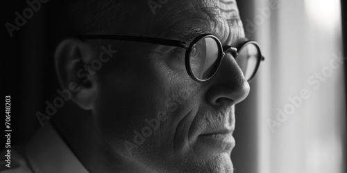 A man wearing glasses looks out a window. This image can be used to represent curiosity, contemplation, or a moment of introspection photo