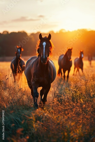 beautiful horses running through a grassy field at sunrise