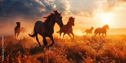 beautiful horses running through a grassy field at sunrise photo