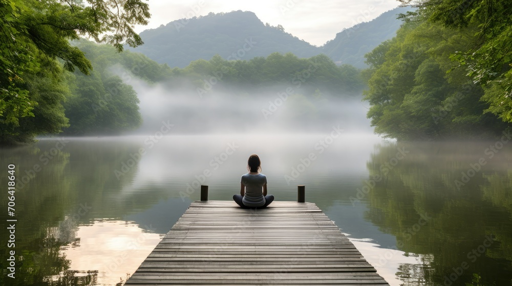Tranquil scene of a serene lake surrounded by mist-covered forest. A wooden dock extends into calm water, with weathered planks adding texture. Peaceful woman is meditating