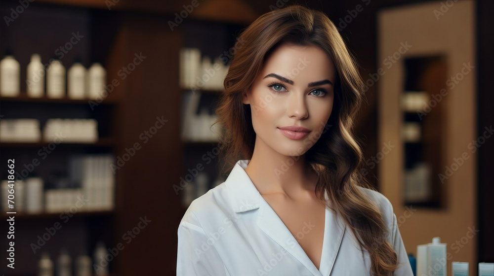 A beautiful attractive cosmetologist woman in a spa beauty salon is waiting for clients.