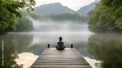 Tranquil scene of a serene lake surrounded by mist-covered forest. A wooden dock extends into calm water  with weathered planks adding texture. Peaceful woman is meditating
