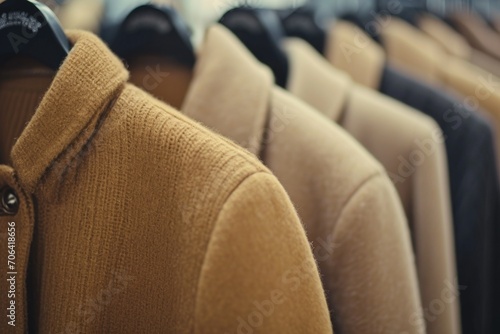 A row of jackets hanging on a rack. Perfect for retail or fashion-related projects