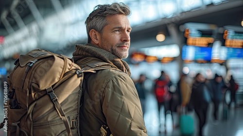 Caucasian amn with backpack on the station ready to travel alone. photo