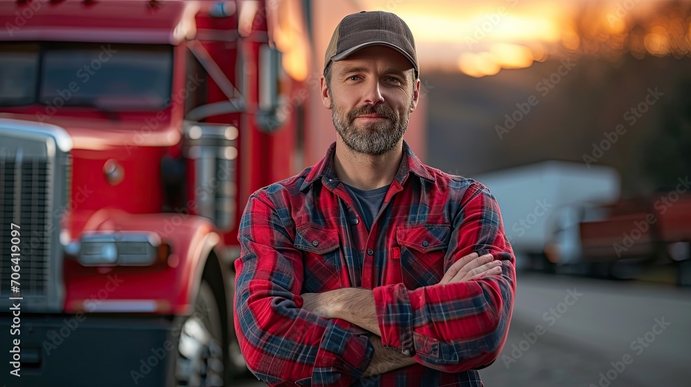 Man truck driver, posing proud next a big truck. Man truck driver, posing proud next a big truck.