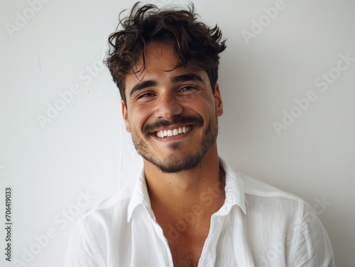 Middle-aged man with a genuine, warm and radiant smile, wearing a crisp white shirt, against a white background photo