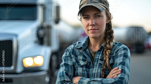 Portrait of a Caucasian female truck driver, dressed in denim clothing and cap, posing proudly near her truck.