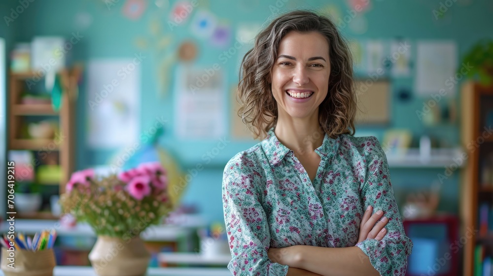 Female teacher in a serene classroom filled with soft colors, sunlight, and cozy furniture Female teacher in a serene classroom filled with soft colors, sunlight, and cozy furniture