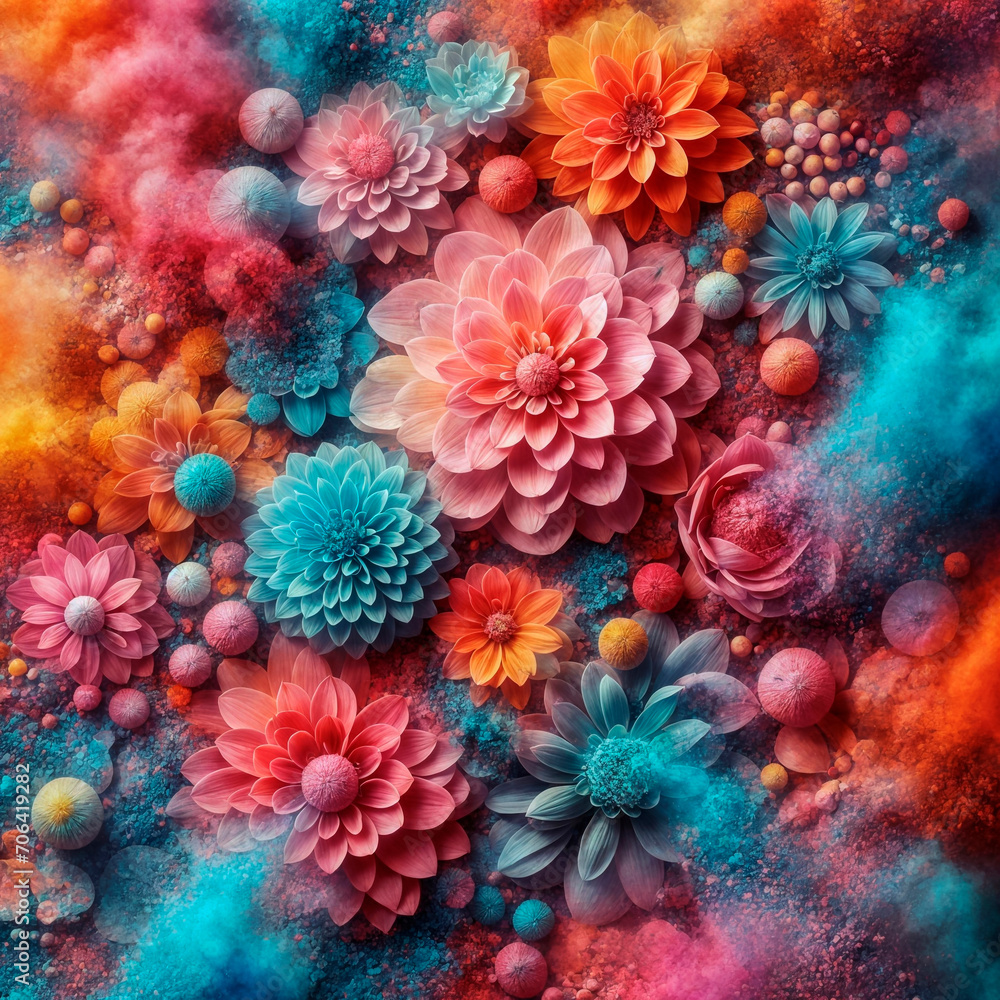 background with flowers, Colorful dahlia flowers on colorful powder background, closeup