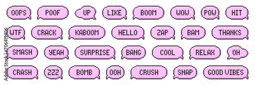 Set of pixel art speech bubbles. Retro game style dialogue box. Modern vector illustration.