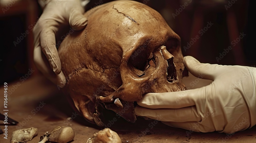 A person examines a human skull wearing rubber gloves.