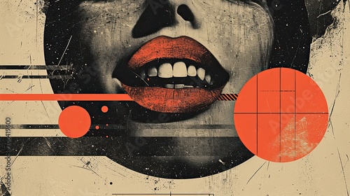 Minimal illustration, smiling mouth as the focal point, blending elements of risograph style and palimpsest technique. The color scheme combines charcoal grey and beige with a hint of red.
