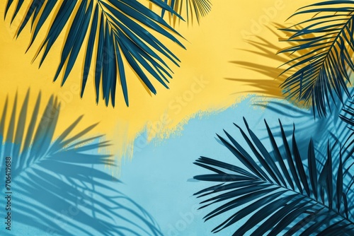 Vibrant tropical palm leaves in rich green hues  sharply focused with intricate details of veins and textures. Large fan-shaped leaves against a sunny yellow background