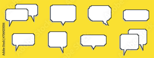 Pixel dialogue box. Retro 8 bit arcade game style quotes and UI message frames. Pixel empty speech bubble. Communication box. Dialog cloud. Game development. Vector illustration on a yellow background