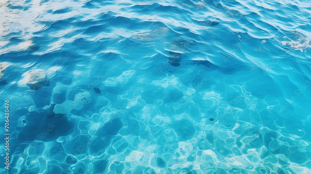 Blue ripped sea water as swimming pool. Crystal clear ocean lagoon bay turquoise blue azure water surface, closeup natural environment. Tropical Mediterranean beach water background , Ai 