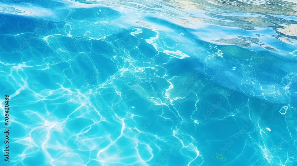 Sea water surface, Blue ripped sea water as swimming pool. Crystal clear ocean lagoon bay turquoise blue azure water surface, closeup natural environment. Tropical Mediterranean beach water, Ai