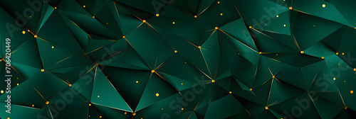 Abstract deep green 3d background with polygonal pattern, little golden dots, dark outline lines. Modern geometric invitation card. VIP jewelry business sale banner. Premium Xmas, Happy New Year 2020