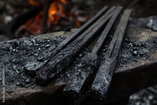 Dark soot-covered blacksmith tongs on a black anvil