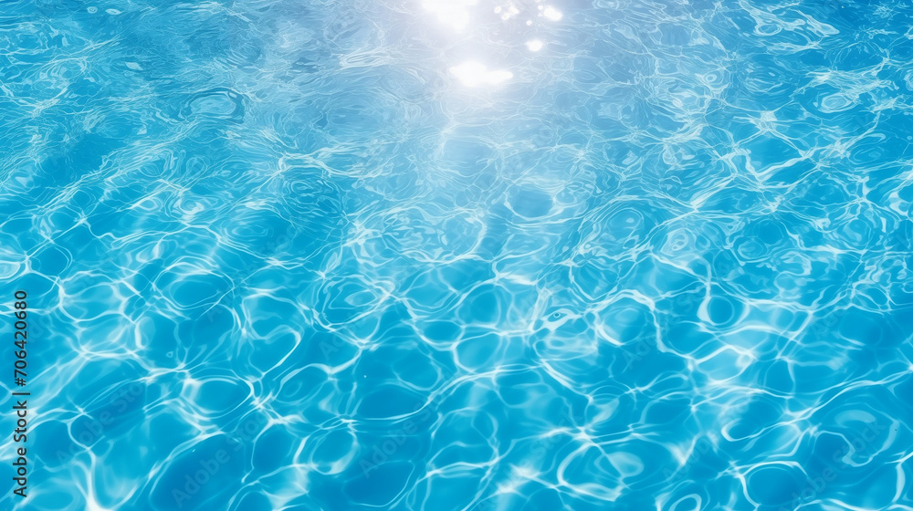 blue water background, Blue water surface with bright sun light reflections, water in swimming pool background top view, Ai generated image